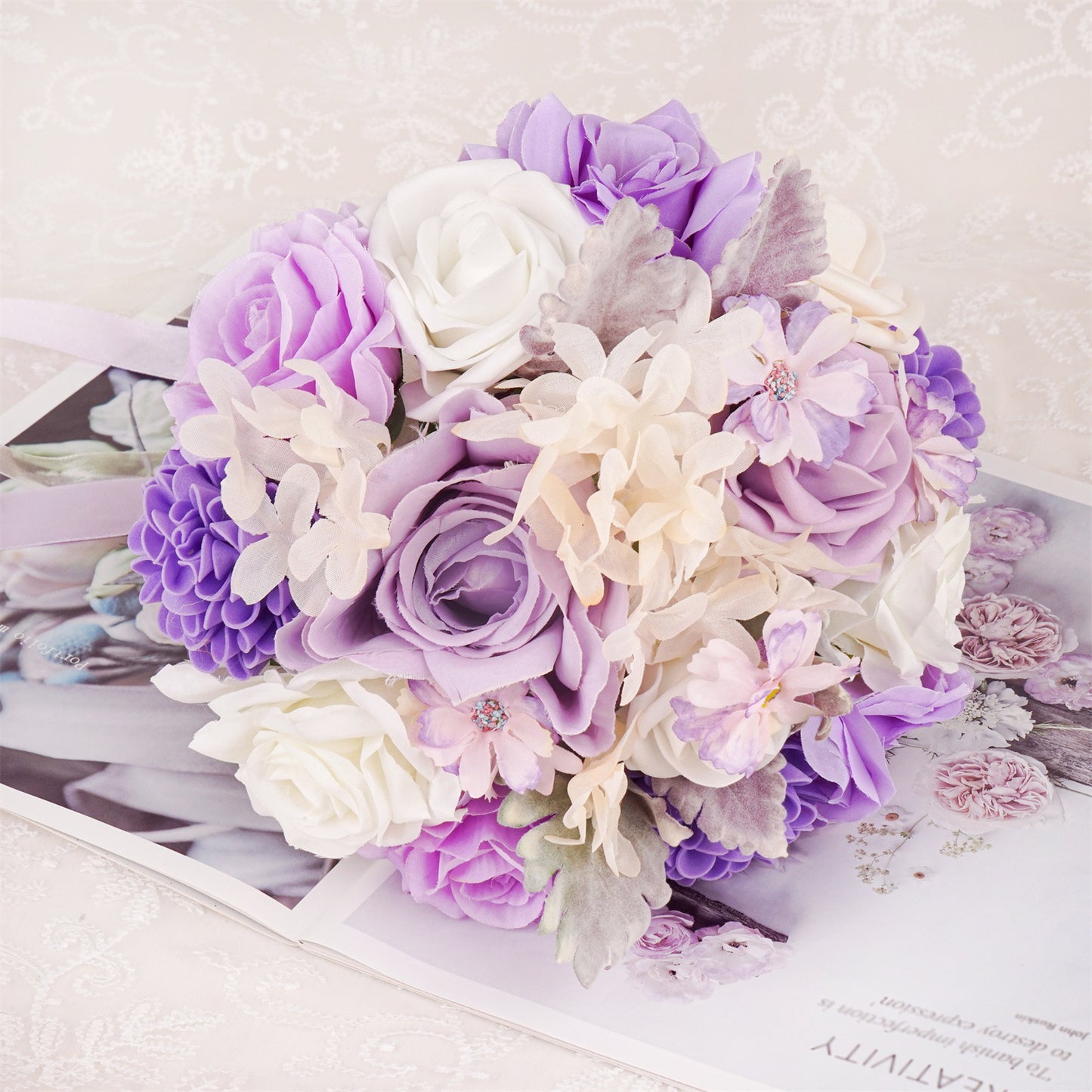 Purple lace ribbon wedding bouquet of roses