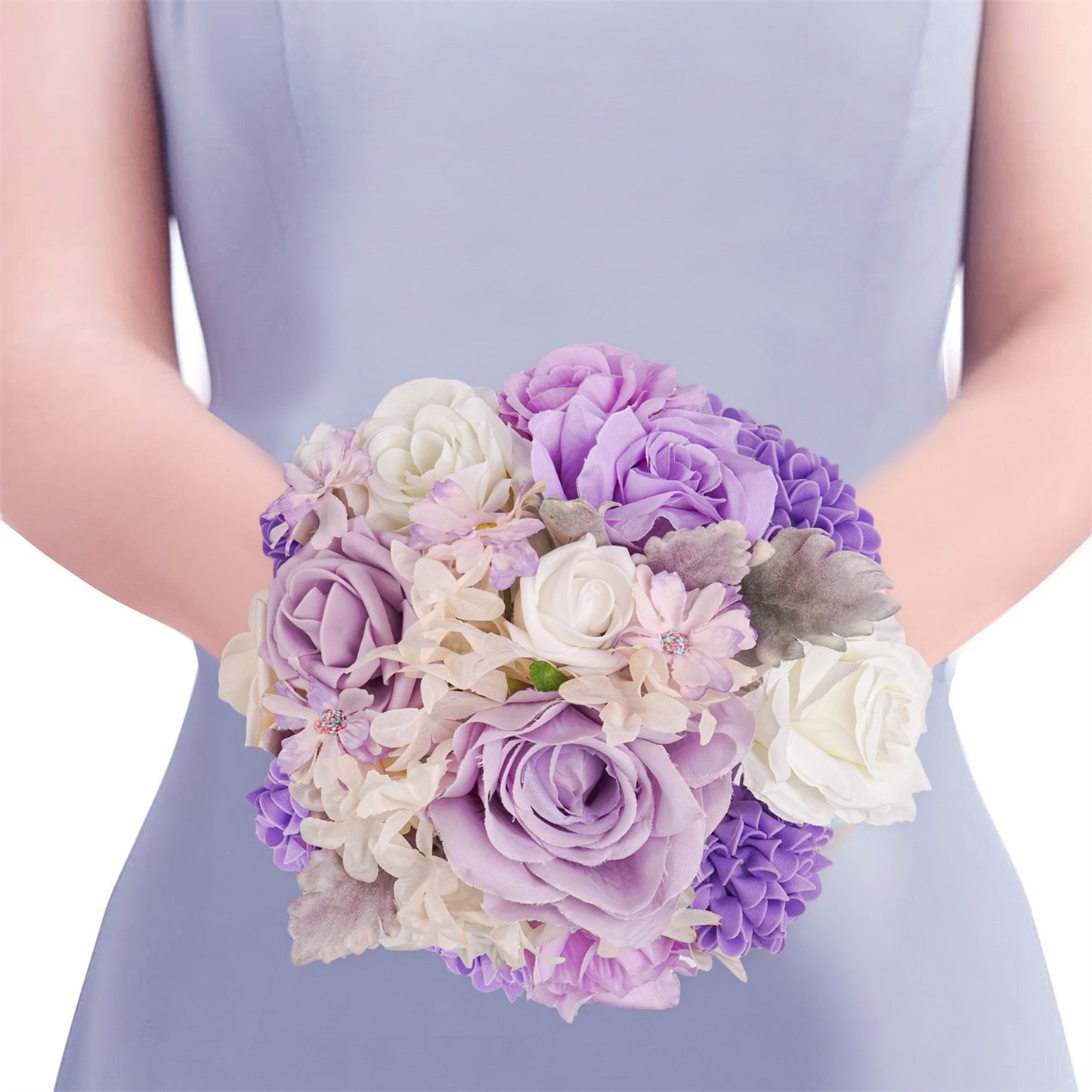 Purple lace ribbon wedding bouquet of roses
