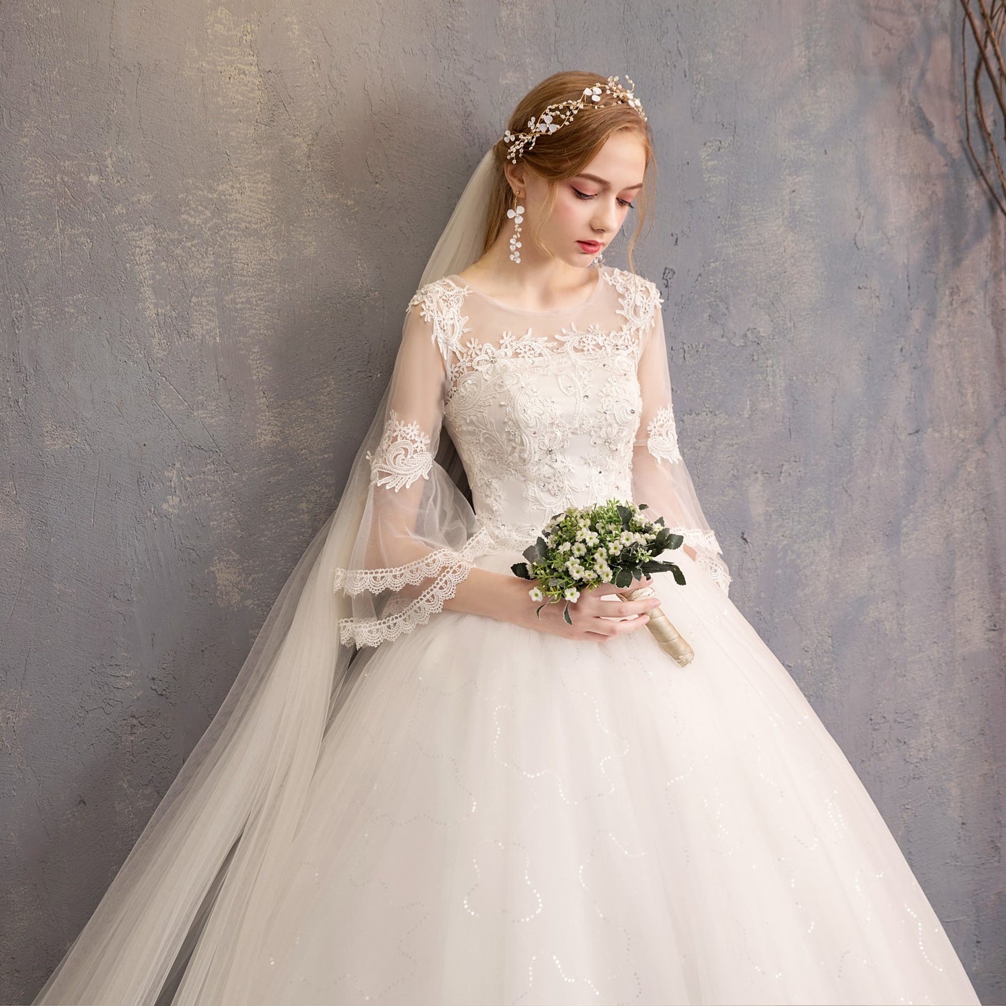New line shoulder sleeve bridal bridal gauze floor wedding dress