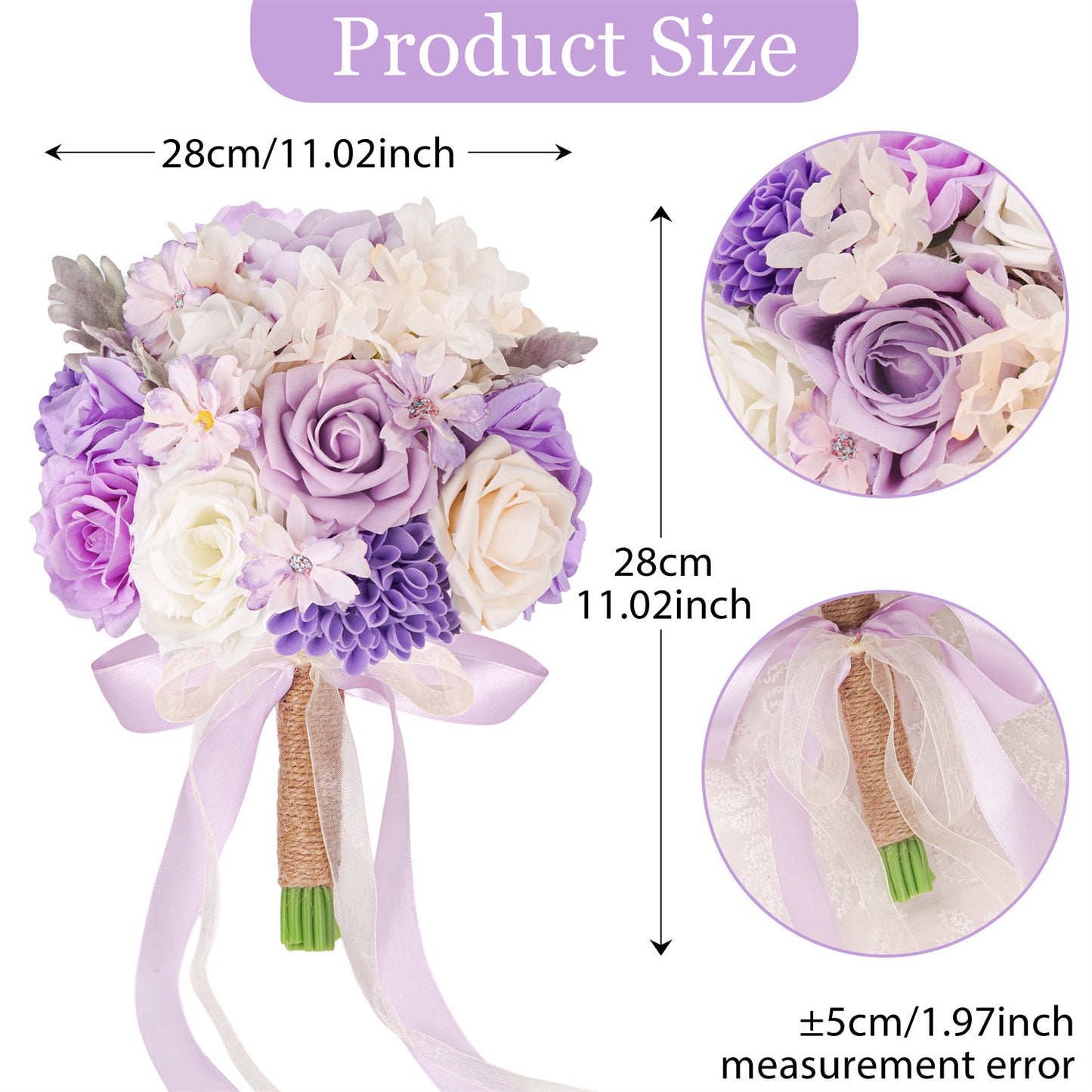 Purple lace ribbon wedding bouquet of roses