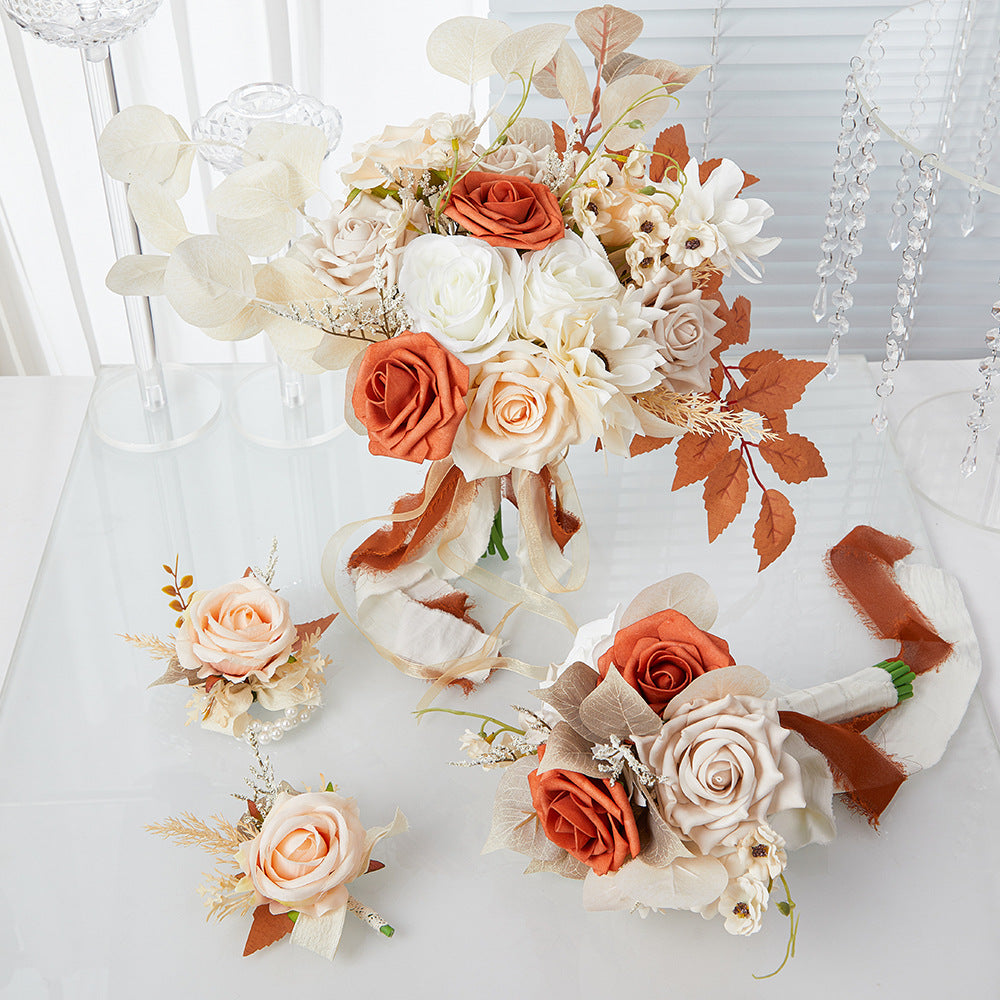 Wedding Bride Bridesmaids Holding flowers Champagne roses Wedding bouquet Wedding simulation flowers