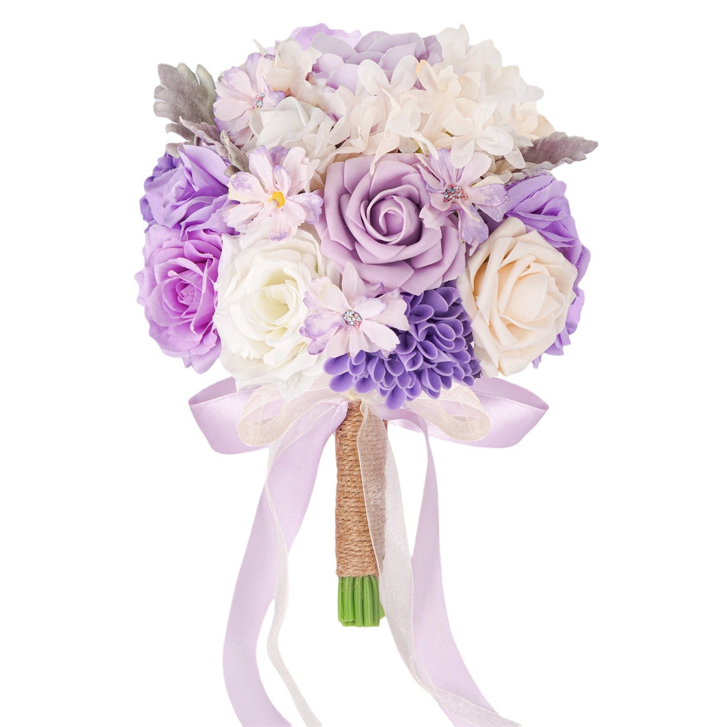 Purple lace ribbon wedding bouquet of roses