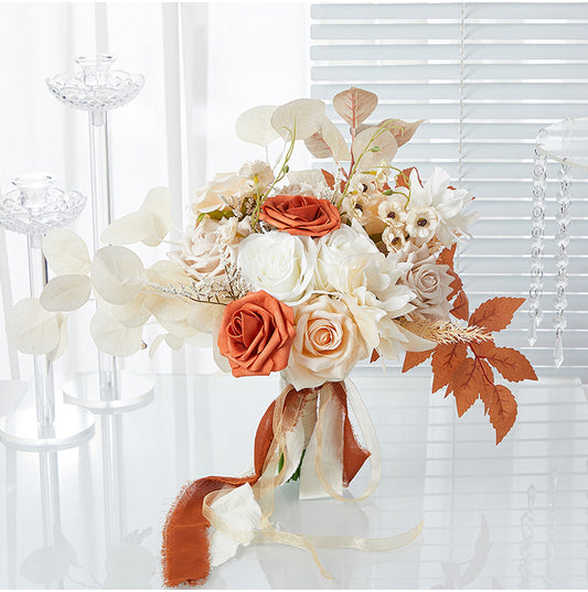 Wedding Bride Bridesmaids Holding flowers Champagne roses Wedding bouquet Wedding simulation flowers